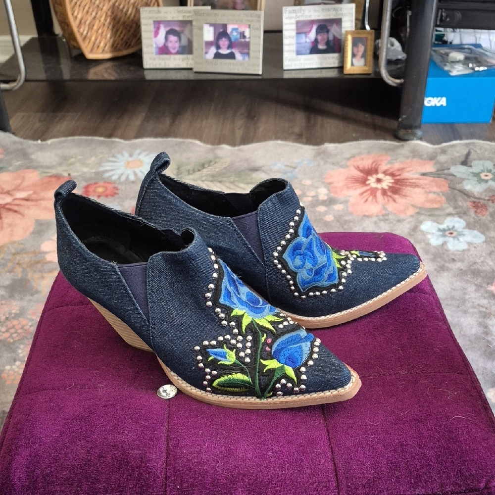 Jeffrey Campbell Dark Denim Ankle Boots with Blue Floral Embroidery